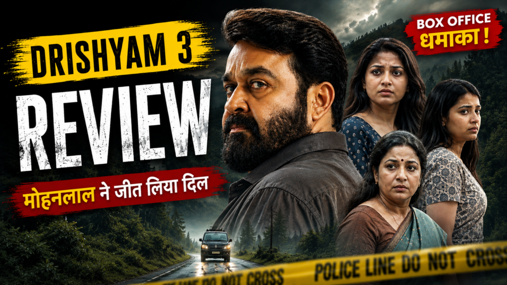 मोहनलाल की फिल्म दृश्यम 3, जिसमें सस्पेंस भरा माहौल, परिवार के किरदार और बॉक्स ऑफिस धमाका टेक्स्ट दिखाया गया है।