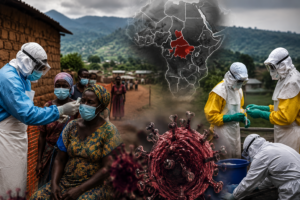 Congo और Uganda में फैले Ebola वायरस प्रकोप के दौरान PPE किट पहने स्वास्थ्यकर्मी ग्रामीण इलाकों में लोगों की जांच करते हुएI