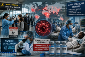 Ebola Virus Outbreak के कारण एयरपोर्ट पर स्वास्थ्य जांच, अस्पतालों में बढ़ता दबाव और वैक्सीन रिसर्च में जुटी फार्मा कंपनियों को दर्शाती वैश्विक स्वास्थ्य संकट की तस्वीर।