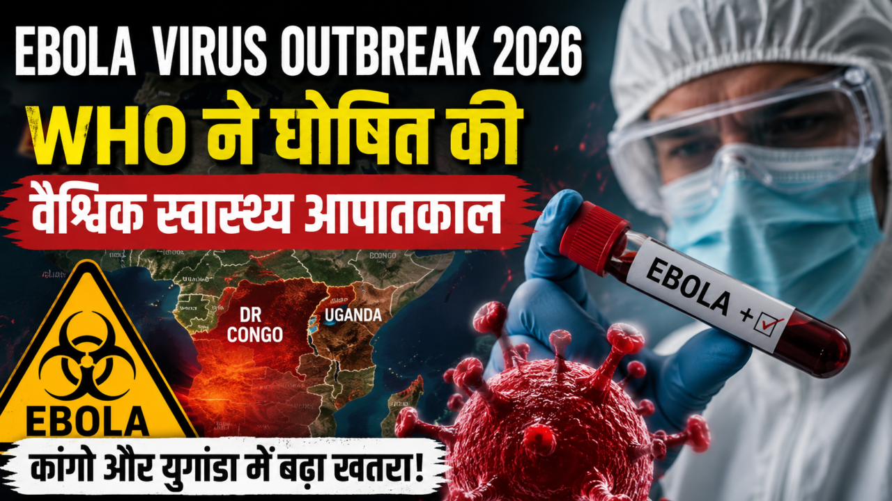 WHO द्वारा घोषित Ebola Virus Outbreak 2026 वैश्विक स्वास्थ्य आपातकाल को दर्शाती तस्वीर, जिसमें PPE किट पहने डॉक्टर, Ebola वायरस, Congo और Uganda का मैप और खतरे का संकेत दिखाया गया है।