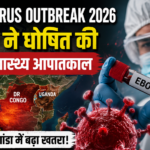 WHO द्वारा घोषित Ebola Virus Outbreak 2026 वैश्विक स्वास्थ्य आपातकाल को दर्शाती तस्वीर, जिसमें PPE किट पहने डॉक्टर, Ebola वायरस, Congo और Uganda का मैप और खतरे का संकेत दिखाया गया है।