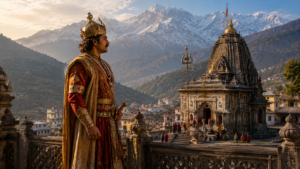 गोपीनाथ मंदिर, गोपेश्वर: 1200 साल पुराने शिवधाम का रहस्य और इतिहास 2 गोपेश्वर के प्राचीन गोपीनाथ मंदिर के सामने खड़े कत्युरी राजा का कलात्मक चित्रण, पृष्ठभूमि में हिमालय की बर्फीली चोटियां और उत्तराखंड की ऐतिहासिक विरासत।
