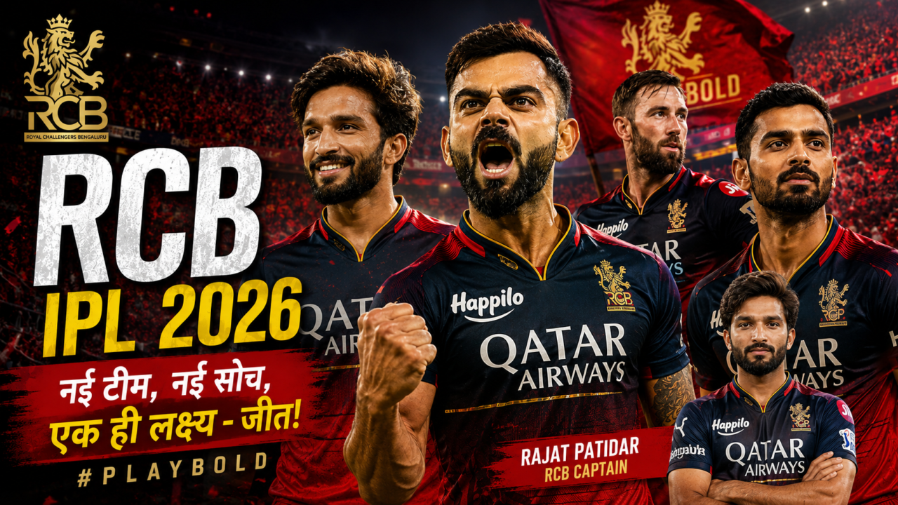 Virat Kohli and Rajat Patidar in Royal Challengers Bengaluru jersey during IPL 2026 promotional thumbnail with RCB team players and stadium background