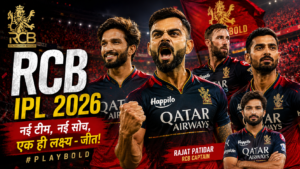 Virat Kohli and Rajat Patidar in Royal Challengers Bengaluru jersey during IPL 2026 promotional thumbnail with RCB team players and stadium background