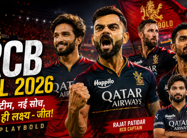 Virat Kohli and Rajat Patidar in Royal Challengers Bengaluru jersey during IPL 2026 promotional thumbnail with RCB team players and stadium background