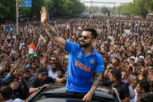 भारतीय क्रिकेट स्टार विराट कोहली सार्वजनिक सभा में टीम इंडिया की जर्सी पहनकर हजारों फैंस का अभिवादन करते हुए।
