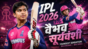 आईपीएल 2026 में राजस्थान रॉयल्स के युवा बल्लेबाज वैभव सूर्यवंशी का आक्रामक बैटिंग शॉट खेलते हुए हाई-एनर्जी क्रिकेट