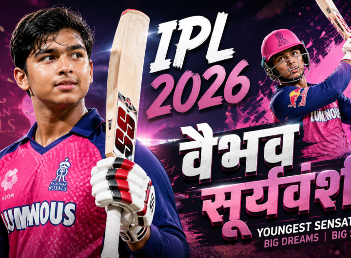 आईपीएल 2026 में राजस्थान रॉयल्स के युवा बल्लेबाज वैभव सूर्यवंशी का आक्रामक बैटिंग शॉट खेलते हुए हाई-एनर्जी क्रिकेट