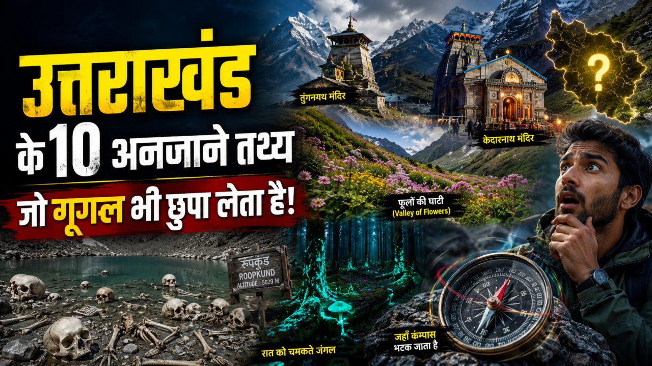 उत्तराखंड के 10 अनजाने तथ्यों पर आधारित थंबनेल, जिसमें रूपकुंड झील के कंकाल, केदारनाथ मंदिर, तुंगनाथ मंदिर, फूलों की घाटी, चमकते जंगल, भटका हुआ कम्पास और हिमालयी पर्वत दिखाई दे रहे हैं।