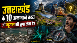 उत्तराखंड के 10 अनजाने तथ्यों पर आधारित थंबनेल, जिसमें रूपकुंड झील के कंकाल, केदारनाथ मंदिर, तुंगनाथ मंदिर, फूलों की घाटी, चमकते जंगल, भटका हुआ कम्पास और हिमालयी पर्वत दिखाई दे रहे हैं।