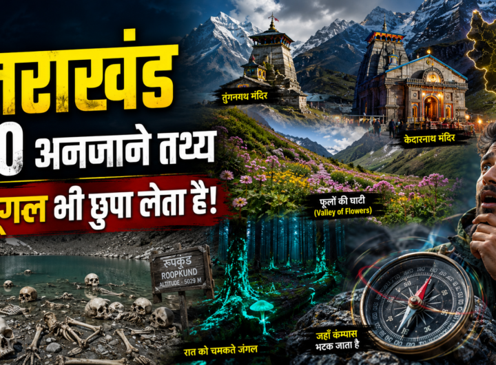 उत्तराखंड के 10 अनजाने तथ्यों पर आधारित थंबनेल, जिसमें रूपकुंड झील के कंकाल, केदारनाथ मंदिर, तुंगनाथ मंदिर, फूलों की घाटी, चमकते जंगल, भटका हुआ कम्पास और हिमालयी पर्वत दिखाई दे रहे हैं।