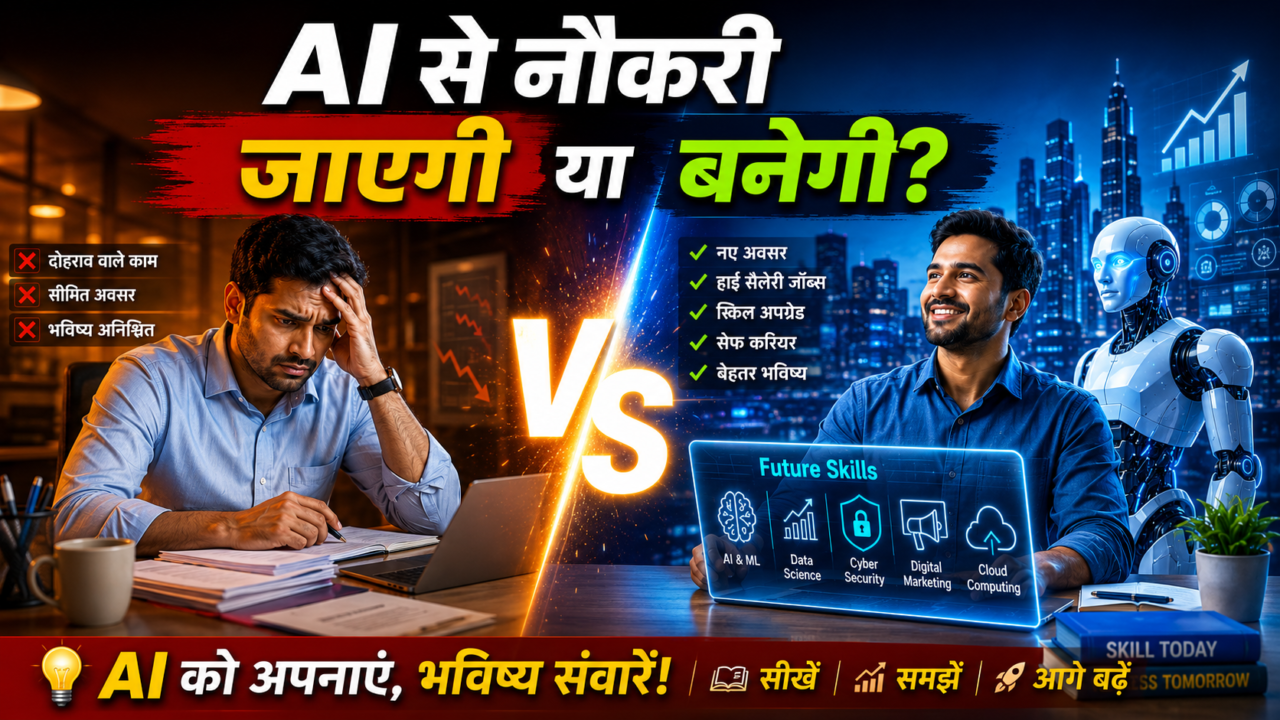AI और नौकरियाँ: क्या AI से नौकरी जाएगी या बनेगी? चिंतित कर्मचारी और AI तकनीक के साथ भविष्य के अवसर दर्शाती हिंदी न्यूज़ थंबनेल।