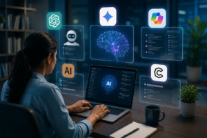 AI से नौकरियाँ जाएंगी या बनेंगी? जानें सच्चाई 4 एक युवा प्रोफेशनल लैपटॉप पर काम करते हुए विभिन्न AI टूल्स और डिजिटल इंटरफेस का उपयोग कर रहा है, जो आर्टिफिशियल इंटेलिजेंस स्किल्स सीखने और भविष्य की तकनीकों को अपनाने को दर्शाता है।