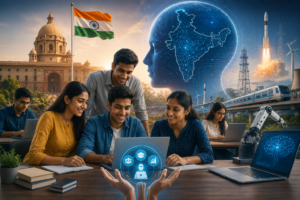AI से नौकरियाँ जाएंगी या बनेंगी? जानें सच्चाई 5 भारत में AI और डिजिटल कौशल विकास को दर्शाता दृश्य, जहां युवा छात्र और पेशेवर आधुनिक तकनीक, ऑनलाइन शिक्षा और नवाचार कार्यक्रमों के माध्यम से भविष्य की नौकरियों के लिए तैयारी कर रहे हैं।