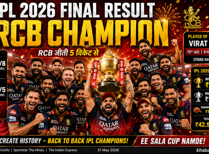 आईपीएल 2026 फाइनल जीतने के बाद ट्रॉफी के साथ जश्न मनाती रॉयल चैलेंजर्स बेंगलुरु (RCB) टीम, विराट कोहली और पूरी टीम गुजरात टाइटंस पर 5 विकेट की जीत का उत्सव मनाते हुए।