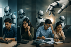 AI से नौकरियाँ जाएंगी या बनेंगी? जानें सच्चाई 2 AI और ऑटोमेशन के बढ़ते प्रभाव के बीच डेटा एंट्री, कॉल सेंटर, अकाउंटिंग और कंटेंट राइटिंग से जुड़े कर्मचारी ऑफिस में काम करते हुए, जबकि पीछे उन्नत रोबोट और AI सिस्टम उनके कार्यों को संभालते दिखाई दे रहे हैं।