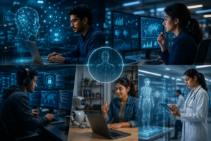 AI से नौकरियाँ जाएंगी या बनेंगी? जानें सच्चाई 3 AI इंजीनियर, डेटा एनालिस्ट, साइबर सिक्योरिटी विशेषज्ञ, AI ट्रेनर और हेल्थकेयर टेक्नोलॉजी प्रोफेशनल्स आधुनिक डिजिटल वातावरण में उन्नत तकनीकों और आर्टिफिशियल इंटेलिजेंस के साथ काम करते हुए।
