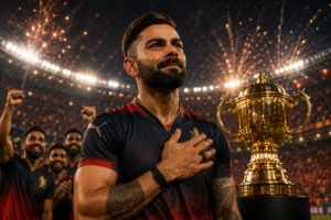 आईपीएल ट्रॉफी के साथ भावुक अंदाज में खड़े विराट कोहली, जीत का जश्न मनाते हुए आरसीबी खिलाड़ियों और आतिशबाजी से जगमगाता स्टेडियम